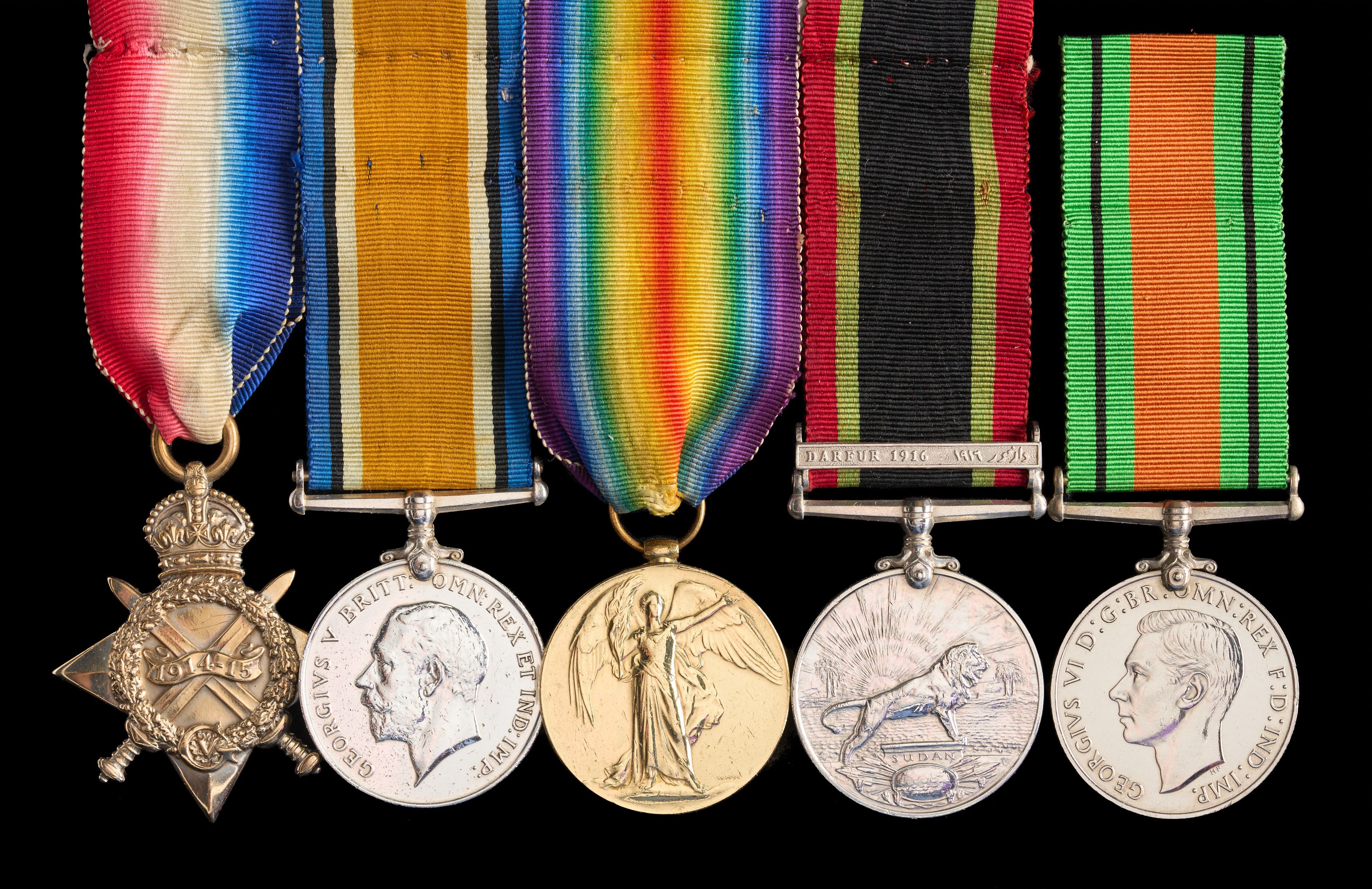 Harry Smedley : (L to R) 1914-15 Star; British War Medal; Allied Victory Medal; Khedive's Sudan Medal with clasp Darfur 1916; Defence Medal 1939-45